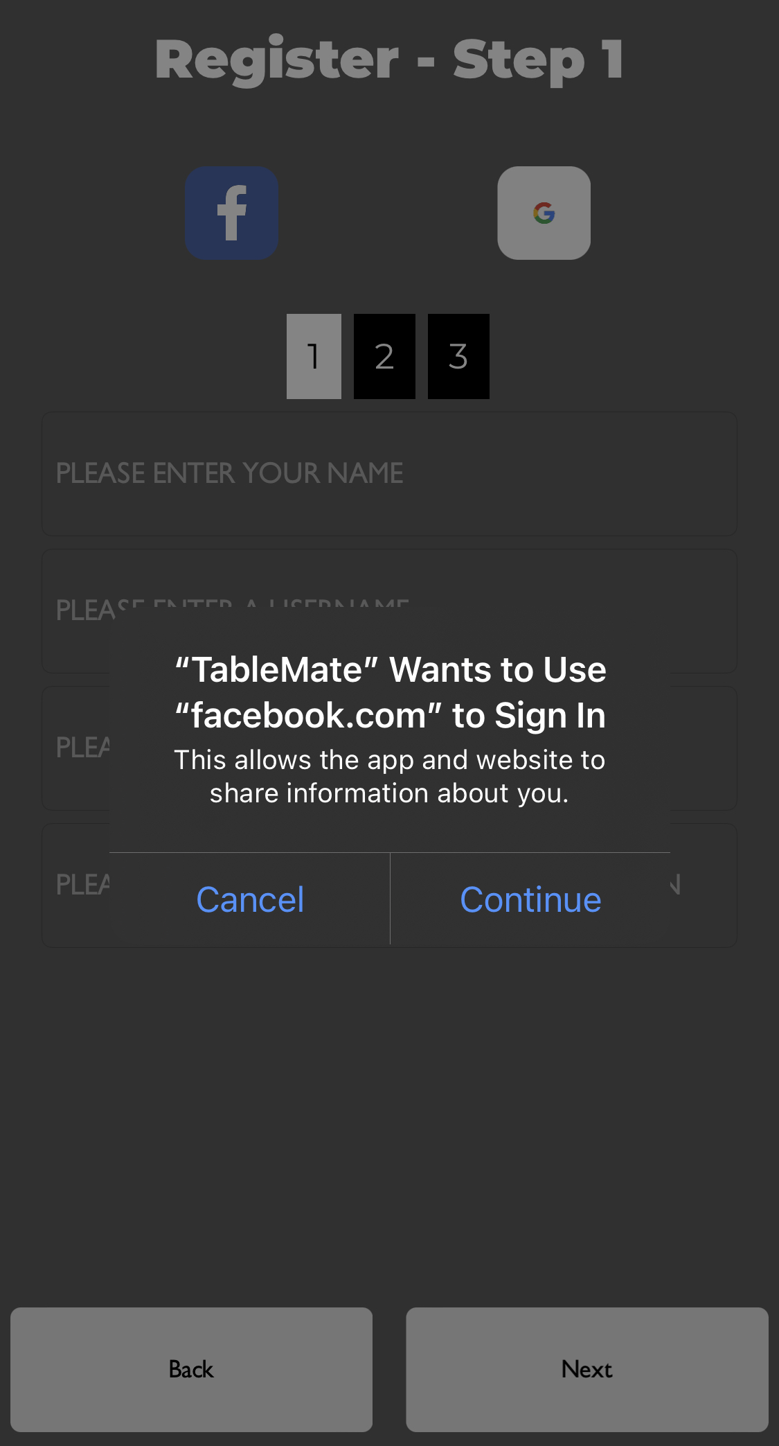 Facebook authorization popup