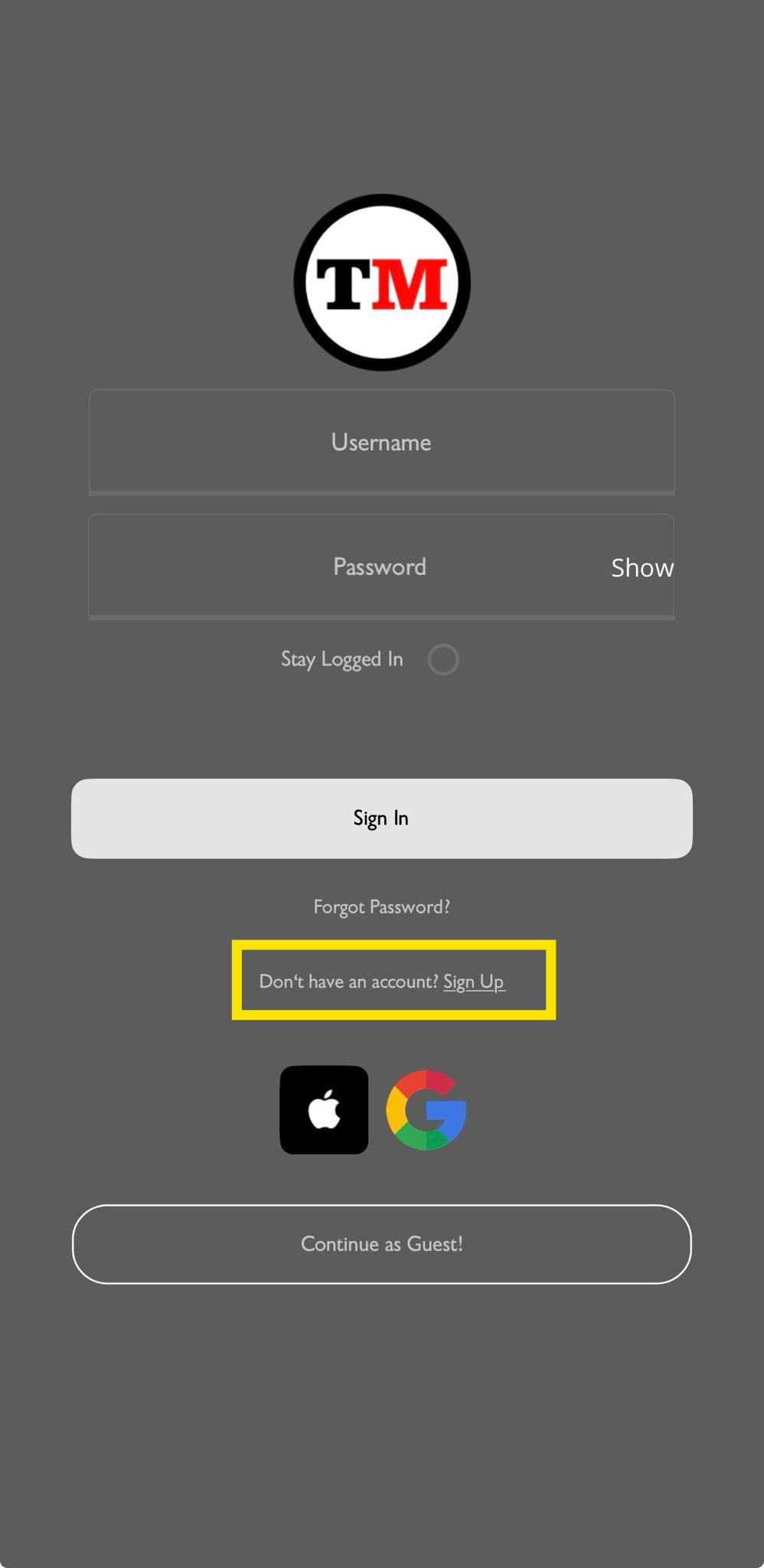 Sign up button on login screen