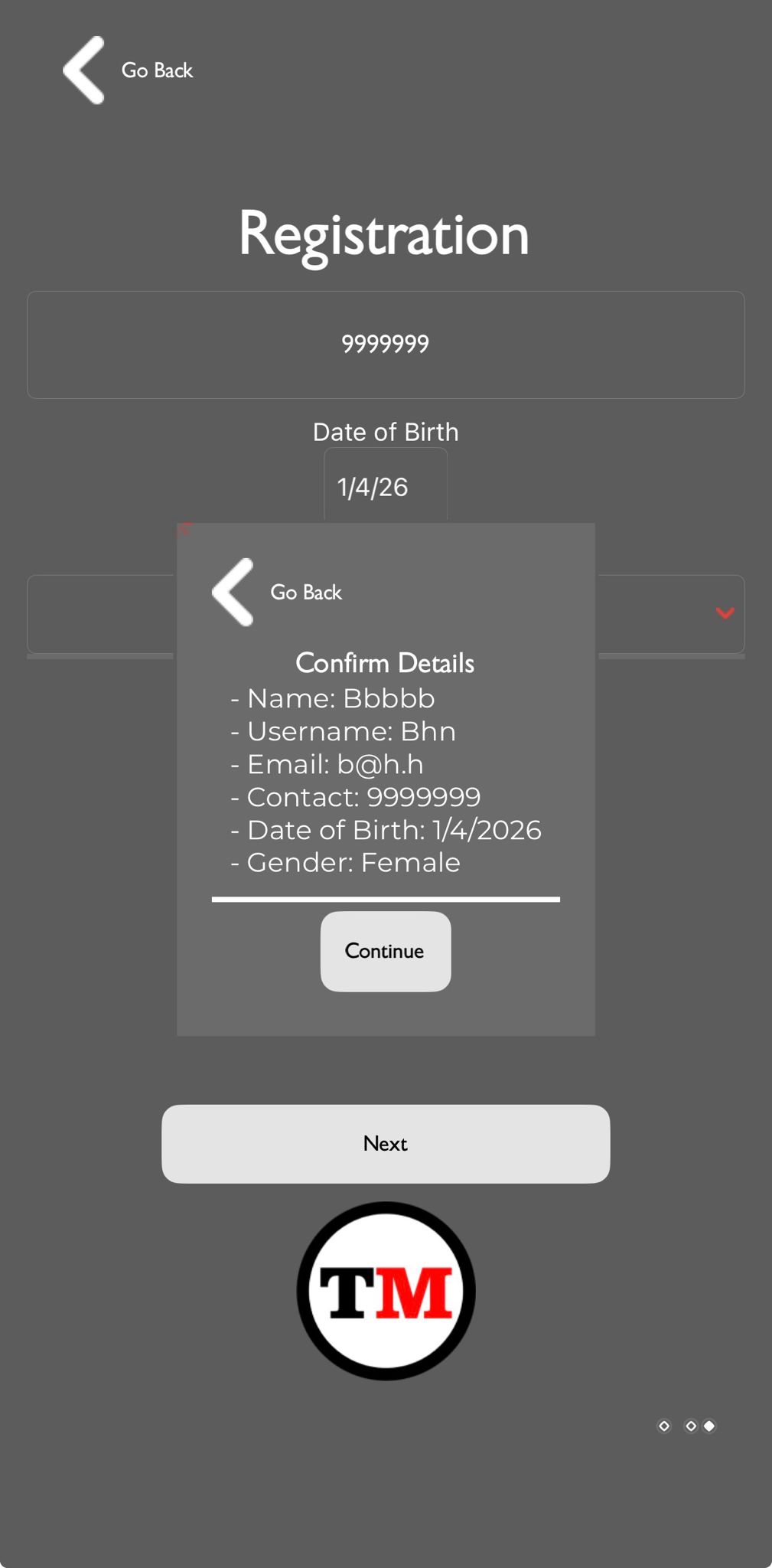 Confirm registration details
