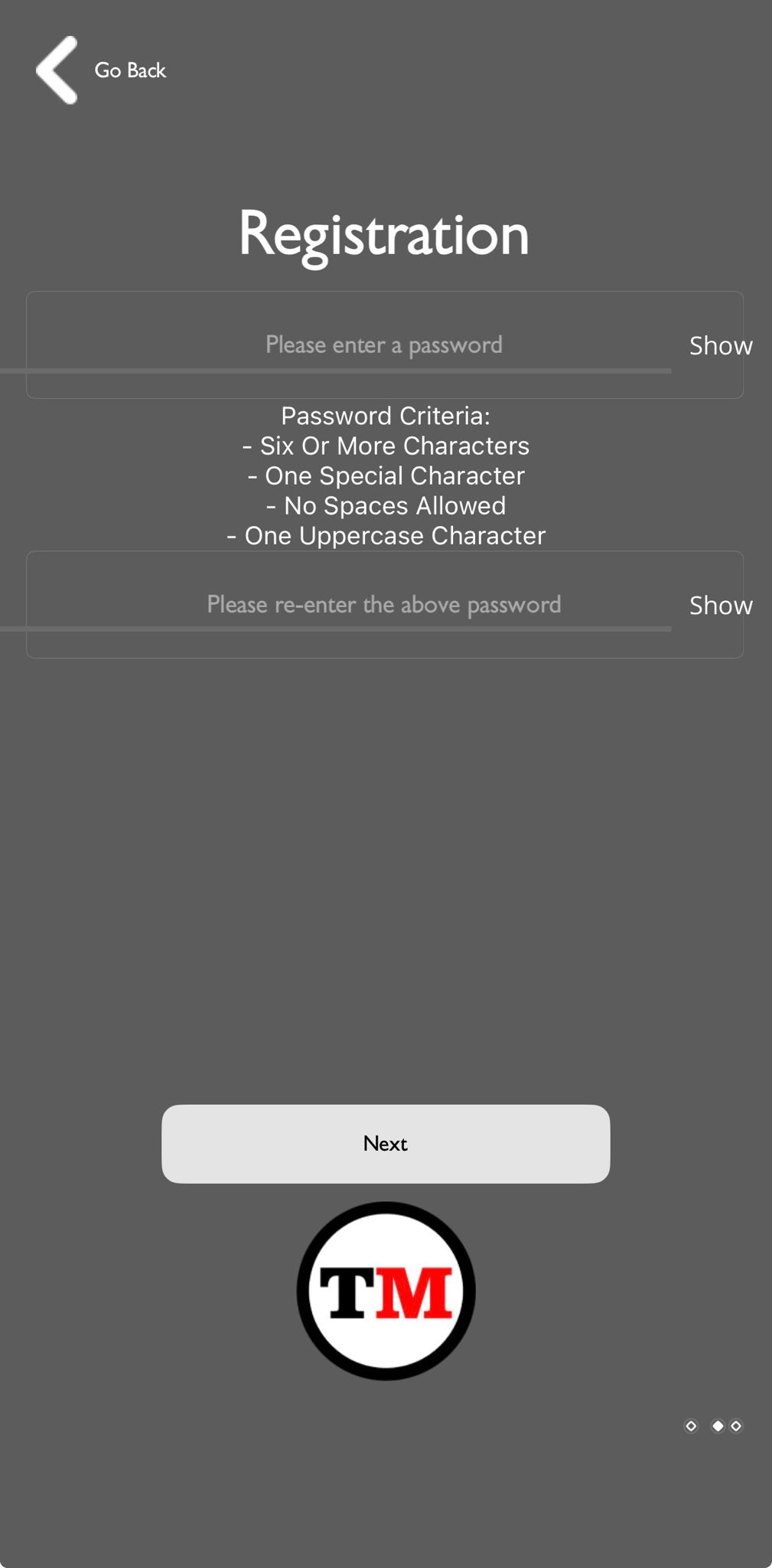 Registration password step