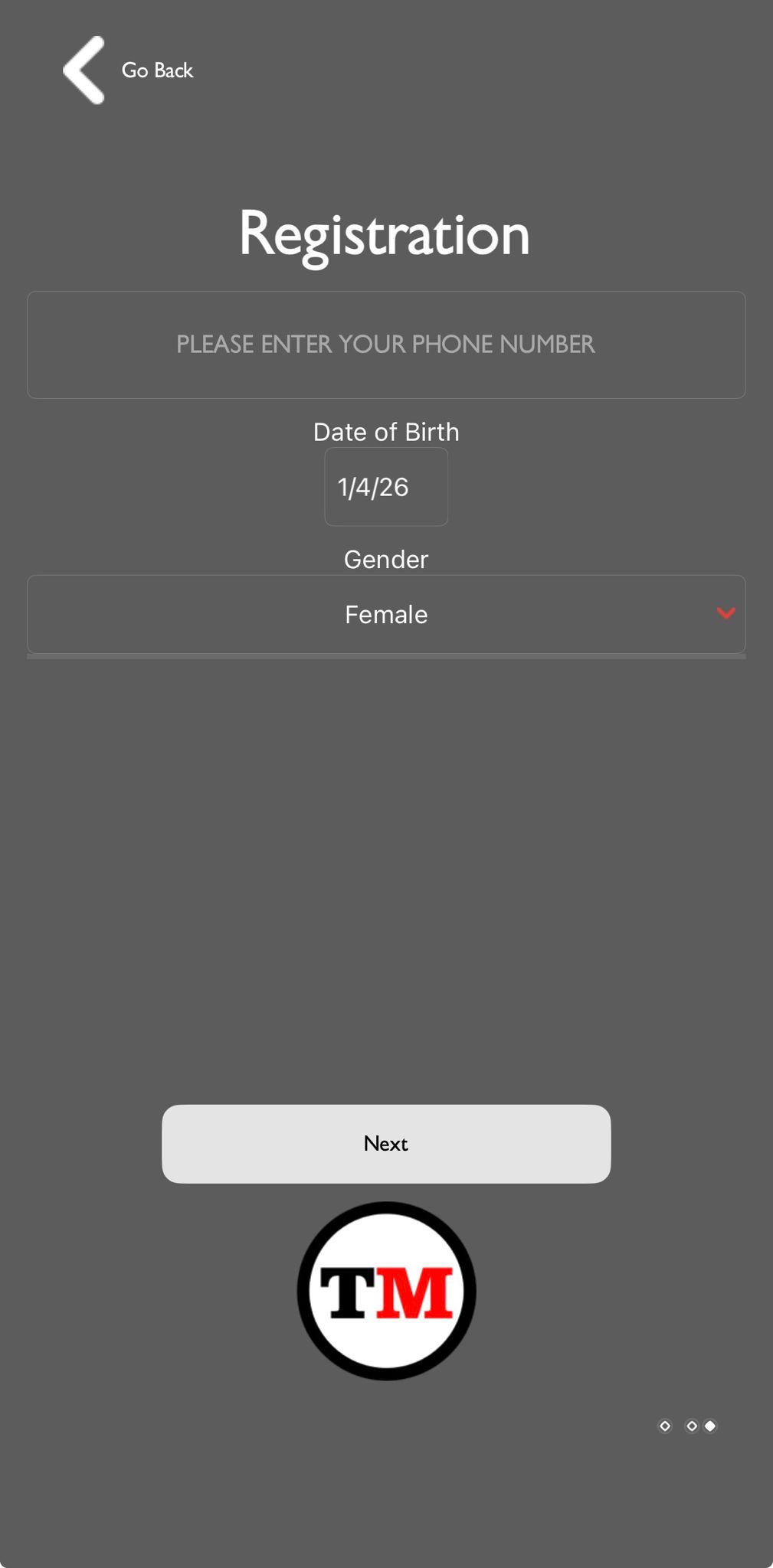 Phone number registration step