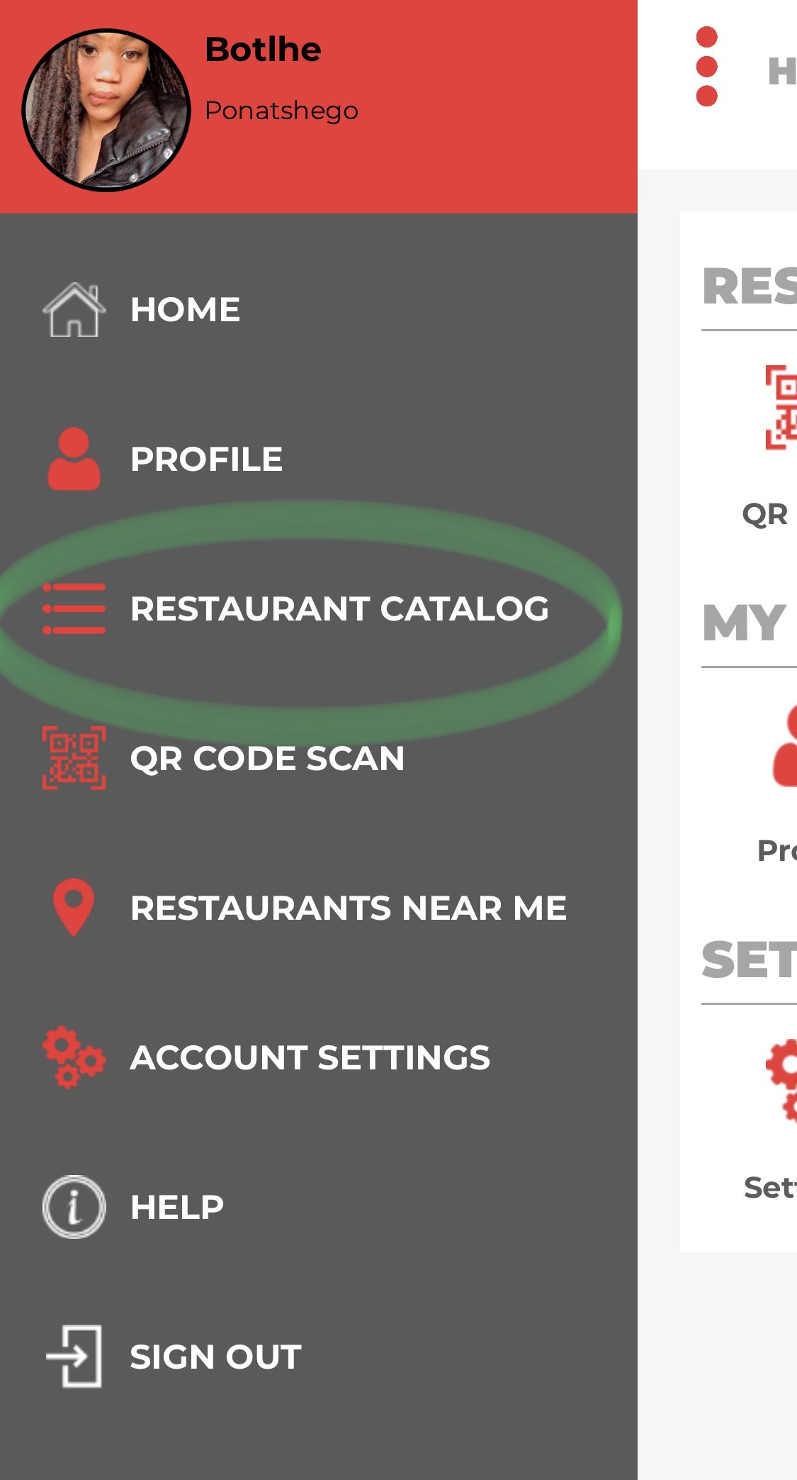 the menu containing the catalogue option